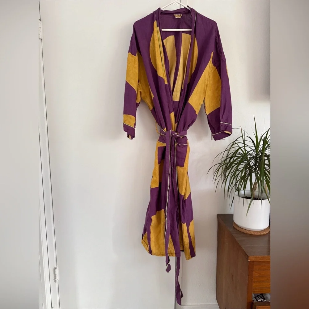 Block Shop Textiles 100% Linen Robe Ochre & Eggplant size 2XL/3XL - Picture 1 of 5